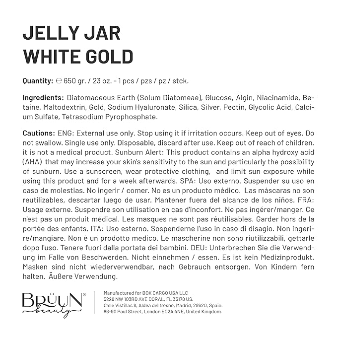 BRÜUN Jelly Mask Jar White Gold Glycolic AC AHA Peel-Off Face Care Rubber Mask | 23 fl oz Skin Care Moisturizing Gel Mask Jar Spa Set