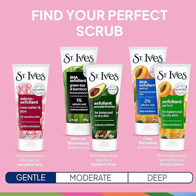 St. Ives Gentle Smoothing Face Scrub Our Gentlest Scrub Yet Rose Water and Aloe Vera Made with 100 percent Natural Exfoliants, Paraben Free, Oil-Free, Dermatologist Tested 6 oz