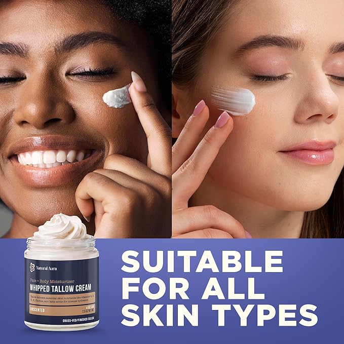 Whipped Beef Tallow for Skin - Face + Body Moisturizer, 100% Grass Fed Grass Finished Tallow and Honey Balm for Sensitive Skin - Natural Lotion - Free of Harsh Chemicals - 4oz, (Unscented)