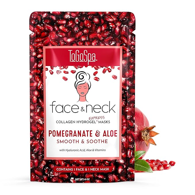 ToGoSpa FACE & NECK | Premium Clean Collagen Gel Mask with Hyaluronic Acid, Aloe Vera, Vitamins C & E (Pomegranate)
