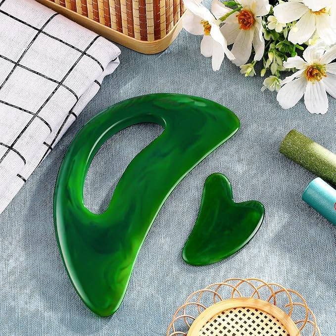 BBTO 2 Pcs Body Gua Sha Tool Large Resin Scraping Tools with Handle for Back, Neck, Face, Leg - Lymphatic Drainage, Cellulite Removal, Muscle Relief (Green)