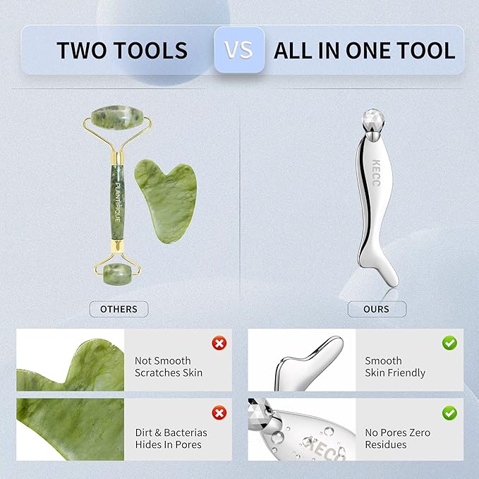 KECC Gua Sha Facial Massager (Fishtail),Stainless Steel Cold Roller Sticks for Face Eyes,Crescent Line Chin Lift Tightening Skin Tool, 4 Edges Drainage Sculpting Beauty Tool