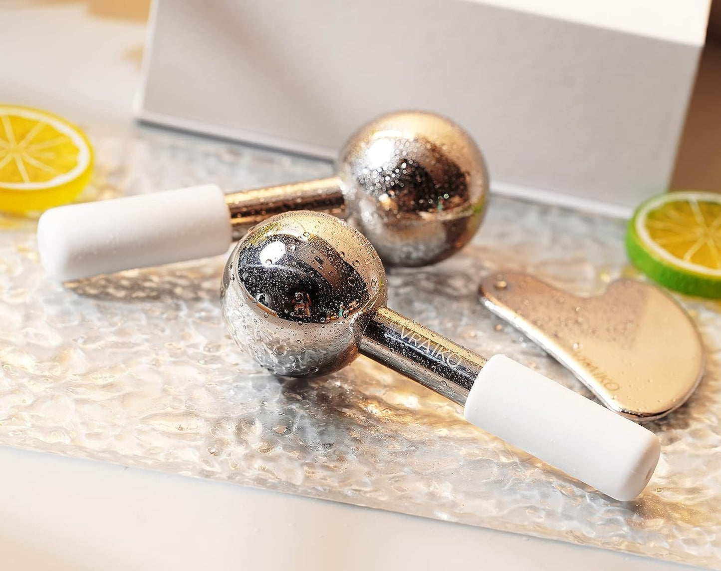 ICE Globes for Facials & Gua Sha Set, Gua Sha Facial Tools and Cryo Sticks with Unbreakable Steel, Face Massager Cooling Rollers for Dark Circles, Puffiness and Lymphatic Drainage (White)