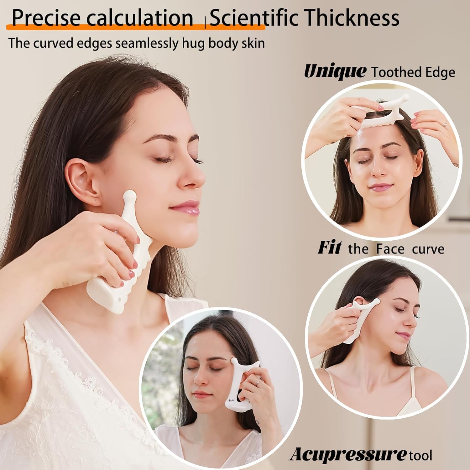 6-In-1 Ceramic Gua Sha Tool for Face & Body - Manual Facial Massage for Lymphatic Drainage, Jaw Lifting, Puffiness Care, Neck Massage for Stress Relief at Home, Self Care Gift for Mum Wife White