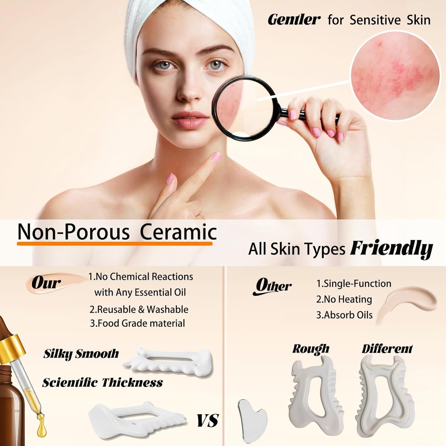 6-In-1 Ceramic Gua Sha Tool for Face & Body - Manual Facial Massage for Lymphatic Drainage, Jaw Lifting, Puffiness Care, Neck Massage for Stress Relief at Home, Self Care Gift for Mum Wife White