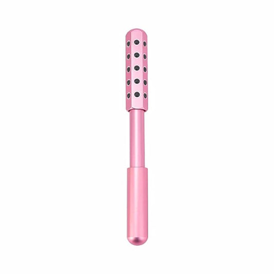 30-Stone Facial Roller - Cooling Face & Neck Massager Tool for Skin Rejuvenation | 360° Contouring with Germanium Stones & Aircraft Aluminum | Portable 7.6" Beauty Roller - Pink