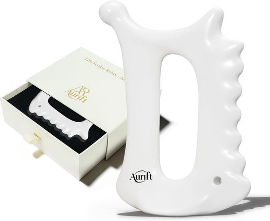 6-In-1 Ceramic Gua Sha Tool for Face & Body - Manual Facial Massage for Lymphatic Drainage, Jaw Lifting, Puffiness Care, Neck Massage for Stress Relief at Home, Self Care Gift for Mum Wife White