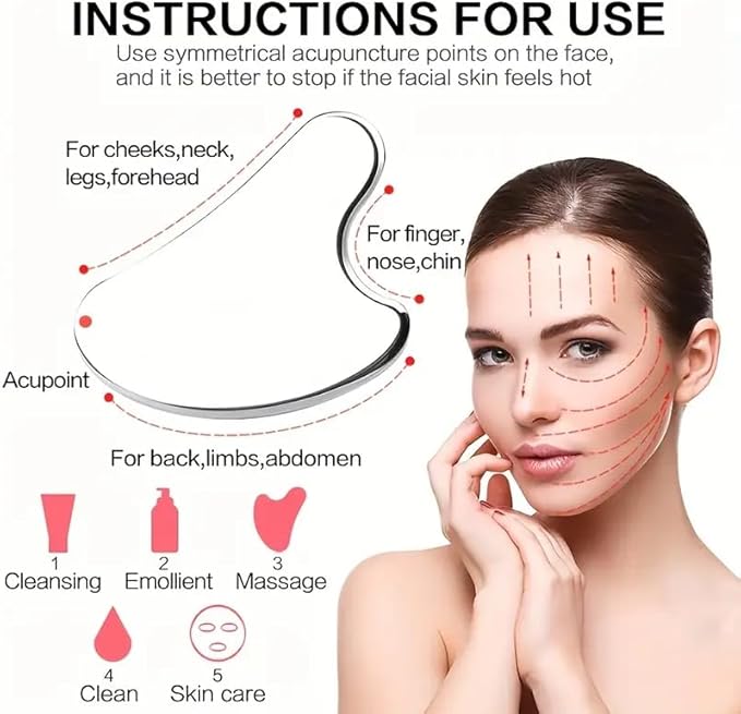 Stainless Steel Gua Sha Facial Tools Set, Metal Guasha Tool for Face and Body Massage（Scraping Board+Leather Cover）