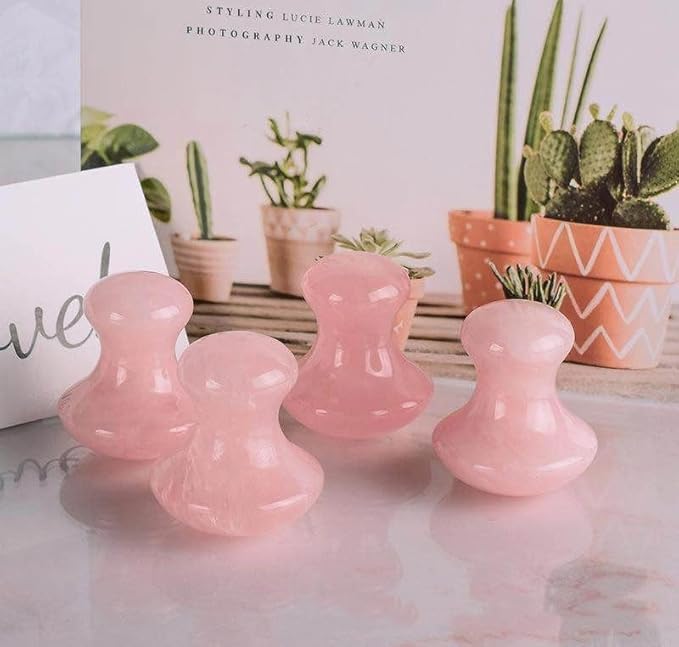2 Pcs Rose Quartz Jade Mushroom Hot Massage Stones Set Warm Rocks Kit for Facial SPA Pink