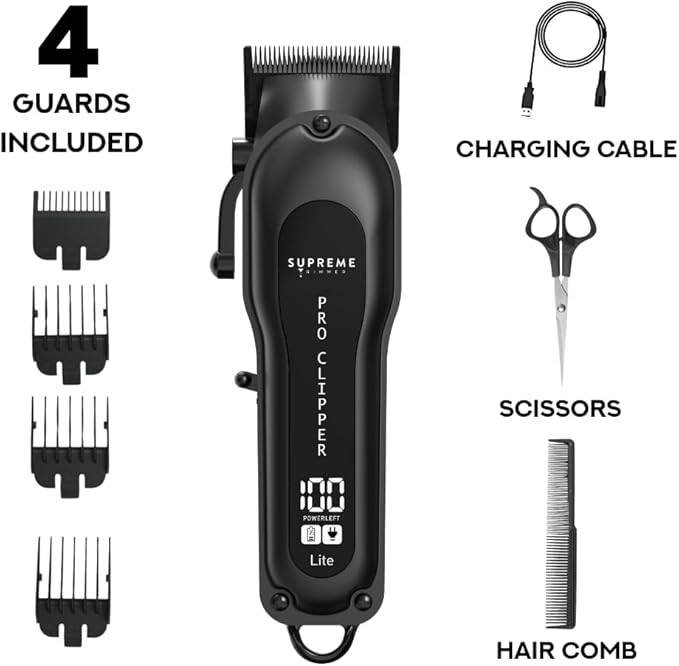 Supreme Trimmer Pro Clipper Lite | 210 Min Run Time Professional Hair Cutting Tool Set + Hair Comb, Scissors & Fade Blade | STC5000