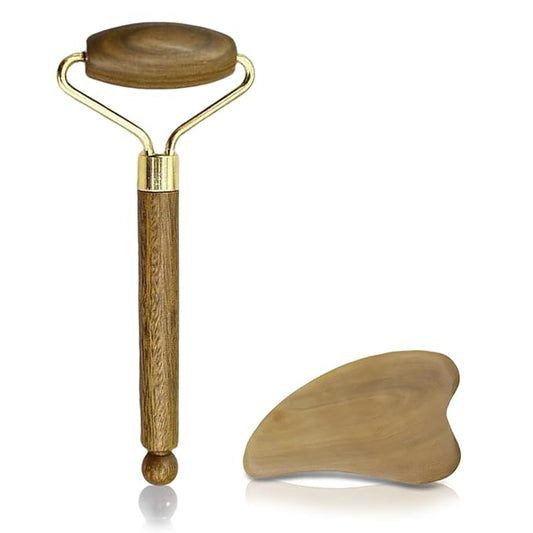 Wooden Gua Sha Facial Massage Tool and Roller Set, Facial Massager for Face, Neck, Eyes, Reduces Puffiness, Improves Wrinkles, Suitable for Women Care, Great Mother's Day Gift for Mom, Grandma