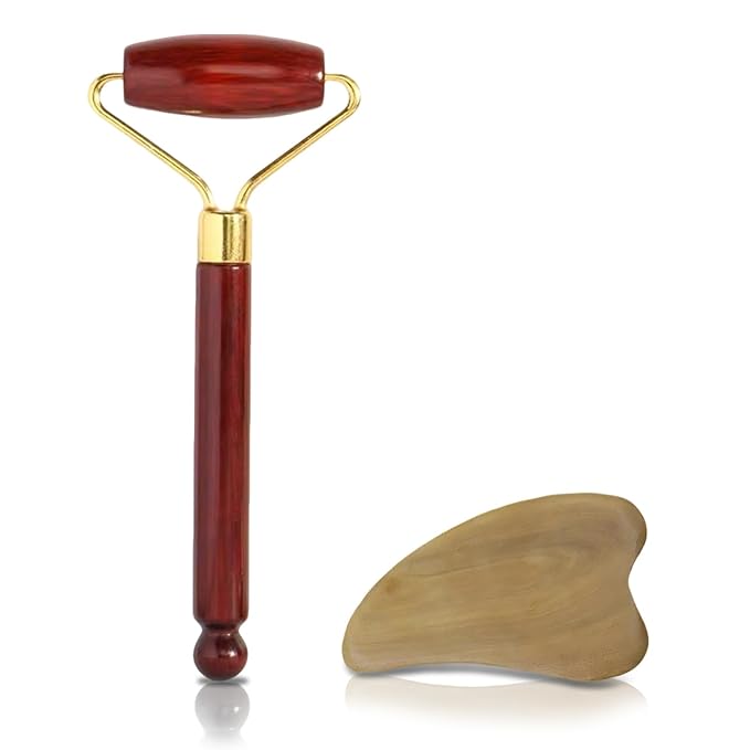 Wooden Gua Sha Facial Massage Tool and Roller Set, Facial Massager for Face, Neck, Eyes, Reduces Puffiness, Improves Wrinkles, Suitable for Women Care, Great Mother's Day Gift for Mom, Grandma