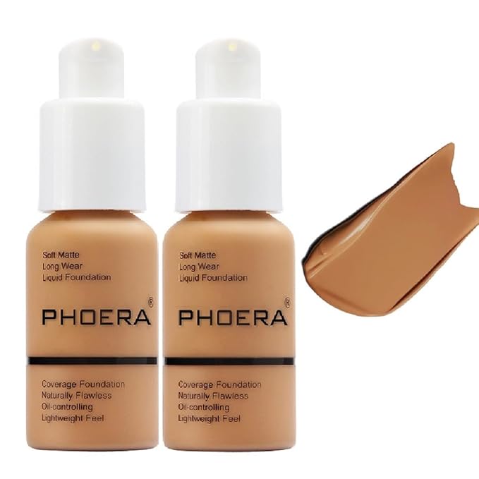 2 Pack PHOERA Foundation, Long-Lasting Waterproof Oil Control Warm Sun