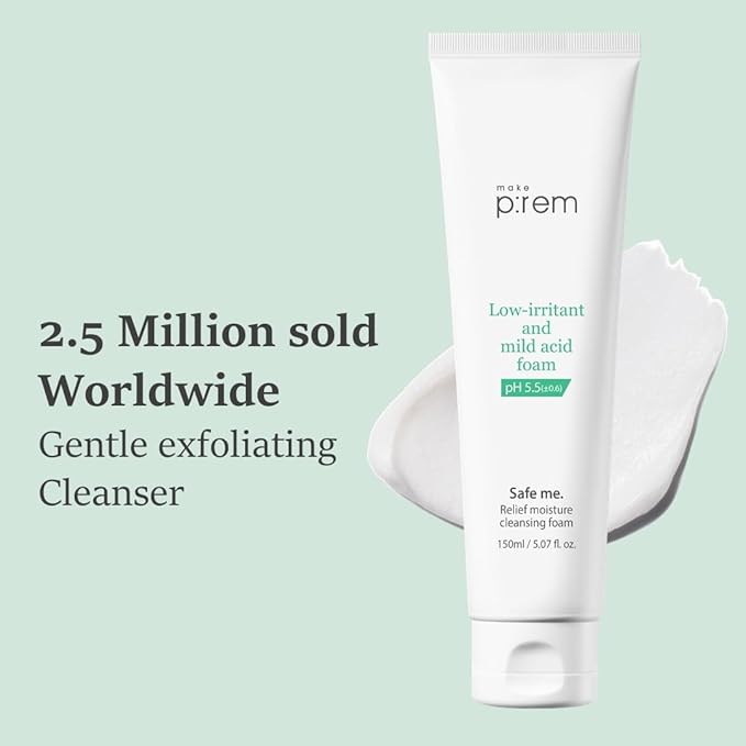 MAKE P:REM Safe Me. Relief Moisture Cleansing Foam, Delicate Eye-Friendly Face Wash for Sensitive Skin, pH Balanced Deep Pore Cleansing, Korean Skin Care, 5.07 Fl Oz, 150ml