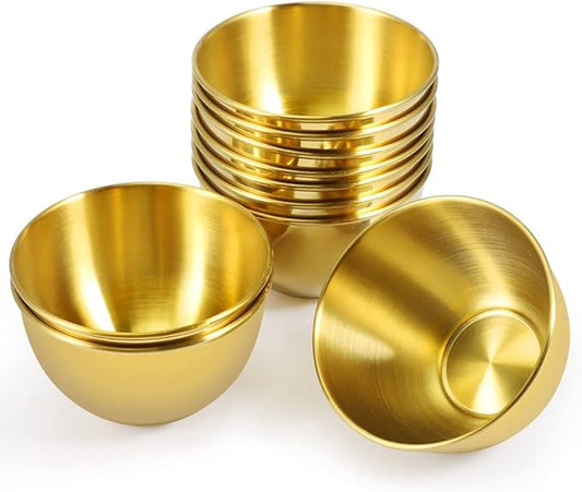10 Pack 3.3inch Stainless Steel Sauce Dishes Mini Individual Saucers Bowl Round Seasoning Dishes Sushi Dipping Bowl Appetizer Plates, Golden