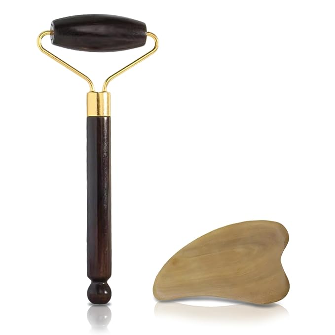 Wooden Gua Sha Facial Massage Tool and Roller Set, Facial Massager for Face, Neck, Eyes, Reduces Puffiness, Improves Wrinkles, Suitable for Women Care, Great Mother's Day Gift for Mom, Grandma