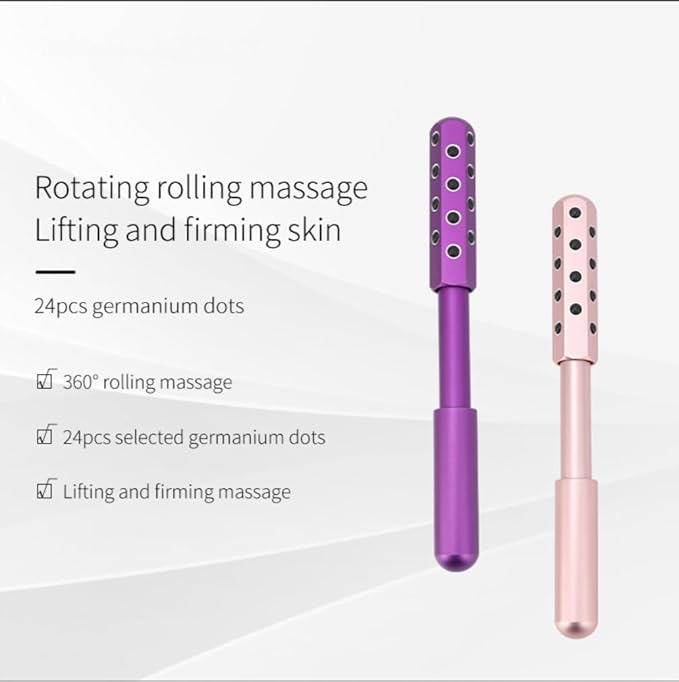 24-Stone Facial Roller - Cooling Face & Neck Massager Tool for Skin Rejuvenation | 360° Contouring with Germanium Stones & Aircraft Aluminum | Portable 7.6" Beauty Roller - Purple