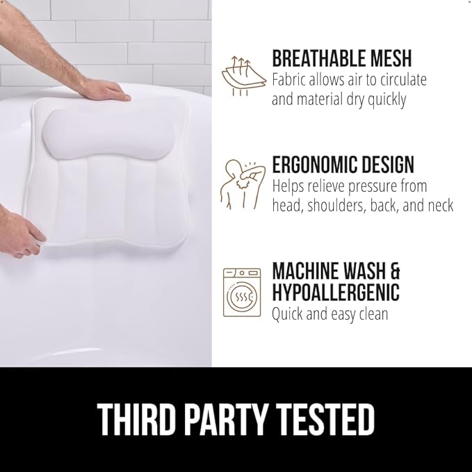 GORILLA GRIP Mesh Bath Pillow for Tub, 6 Powerful Suction Cups, Oversized Headrest with Breathable FlexComfort Technology for Neck, Head, Back Support, Luxury Machine Washable Bathtub Must Haves White