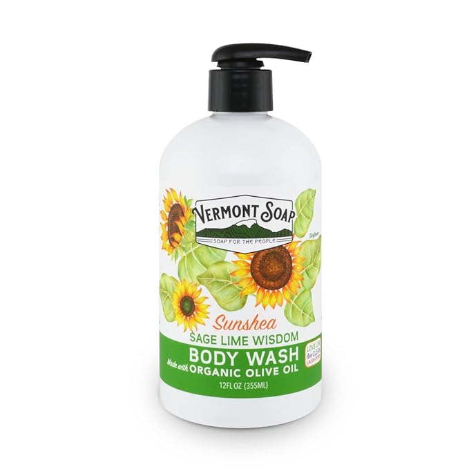 VERMONT SOAP Body Wash, Natural Body Wash with Shea Butter, Mild Gel Body Wash for Moisturizing and Soothing Skin, Fragrance Free Body Wash for Women & Men (Sage Lime Wisdom, 12oz)