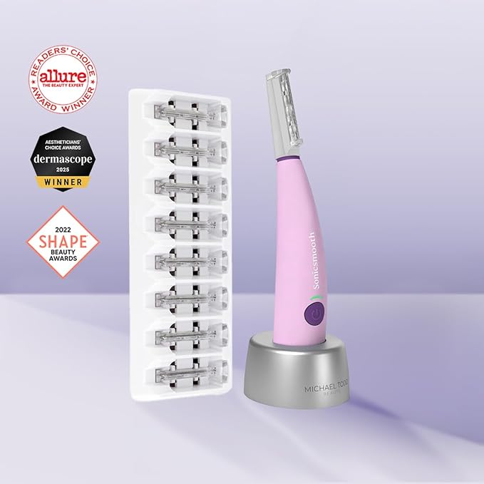 Michael Todd Beauty Sonicsmooth Dermaplane Razor for Women Face + Eyebrow trimmer Dermaplaning System - Peach Fuzz Remover - 8 Weeks of Dermaplaning Blades