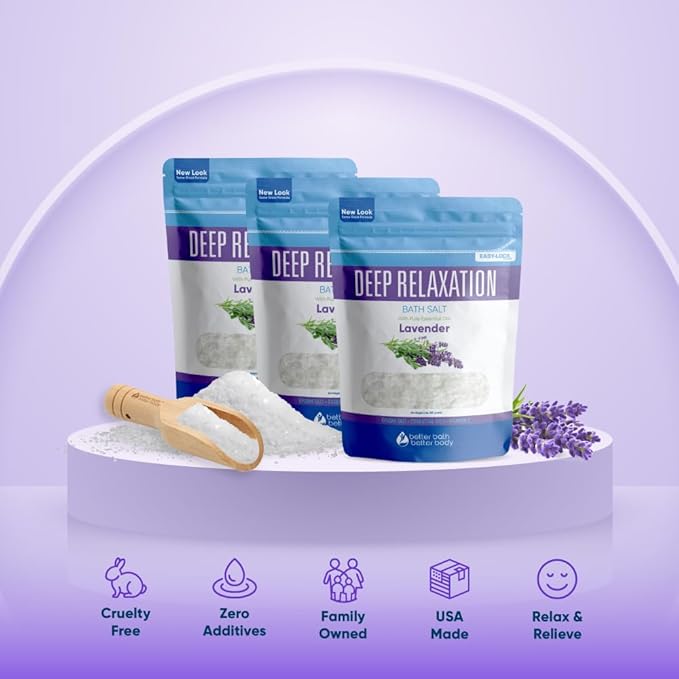 Deep Relaxation Bath Salt (3 Pack Plus Scoop) Relaxing Bath Soak with Pure Lavender Essential Oil in BPA Free Pouch with Press Lock Seal Made in USA 3 Pack of 2 Lbs 6 Lbs Total