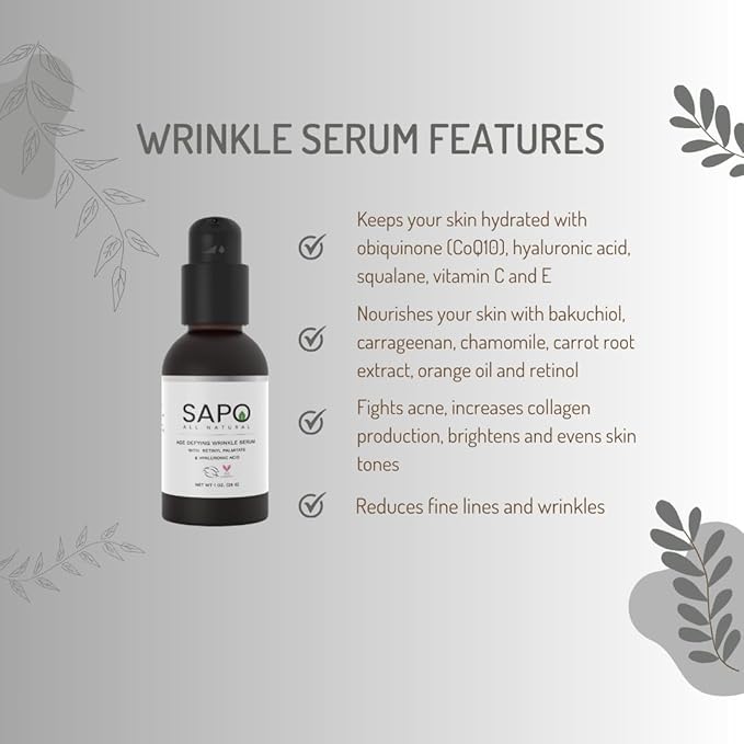 Wrinkle Serum - Smooth & Reduce Fine Lines & Deep Face Wrinkles with Hyaluronic Acid, Bakuchiol, Retinyl Palmitate & CoQ10 - Anti-Aging, Tightening & Restore Dull Facial Skin - 1 oz