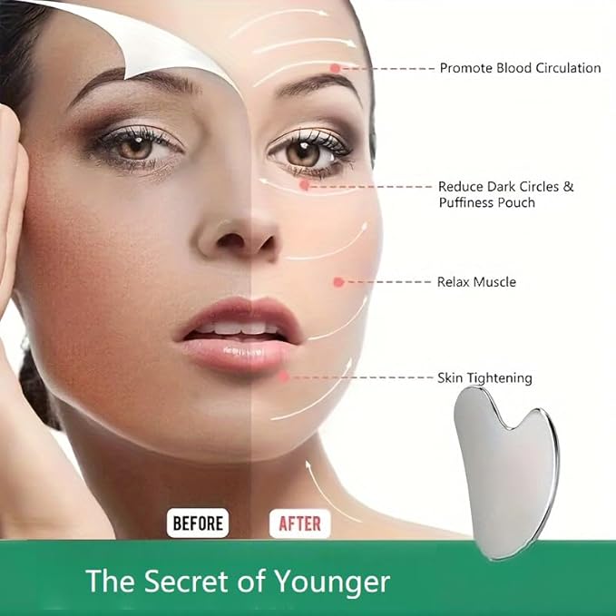 Stainless Steel Gua Sha Facial Tools Set, Metal Guasha Tool for Face and Body Massage（Scraping Board+Leather Cover）