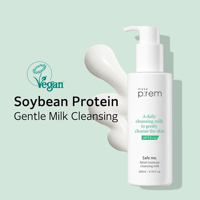 MAKE P:REM Safe Me. Relief Moisture Cleansing Milk, Hydrating Gentle Face Wash for Sensitive Skin with Soy Protein, Korean Milky Cleanser, Korean Skin Care, 6.76 Fl.Oz, 200ml