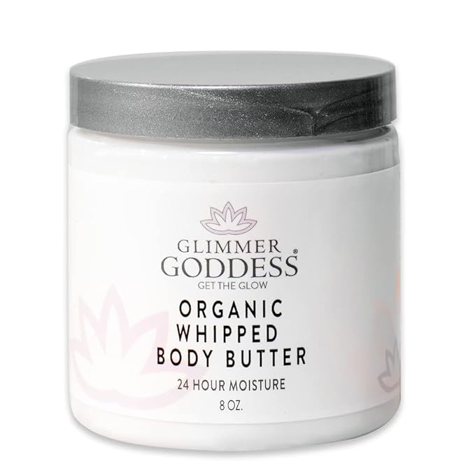 Glimmer Goddess Organic Whipped Body Butter for Women - Moisturizer Cream with Shea & Cocoa Butter, Almonds & Coconut Oil - Lavender & Lemon, 8oz