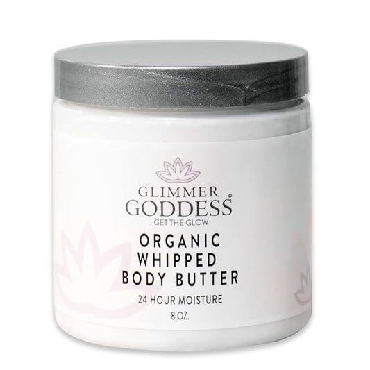 Glimmer Goddess Organic Whipped Body Butter for Women - Moisturizer Cream with Shea & Cocoa Butter, Almonds & Coconut Oil - Lavender & Lemon, 8oz