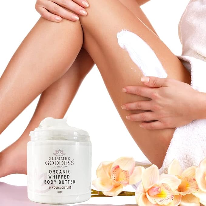 Glimmer Goddess Organic Whipped Body Butter for Women - Moisturizer Cream with Shea & Cocoa Butter, Almonds & Coconut Oil - Lavender & Lemon, 8oz