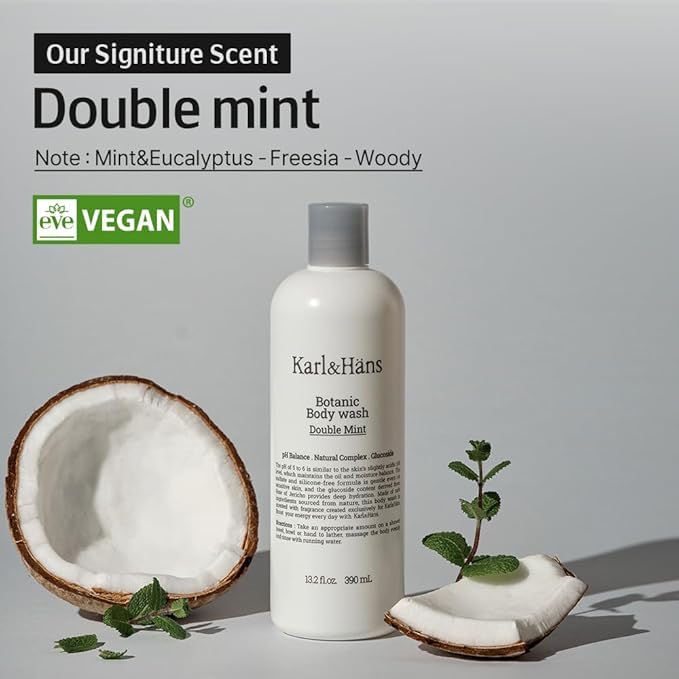 Karl&Hans Botanic Double Mint Vegan Body Wash - Organic, Moisturizing, Natural Shower Gel with Peppermint for Men and Women - Sulfate and Silicone-Free, 13.2 fl oz