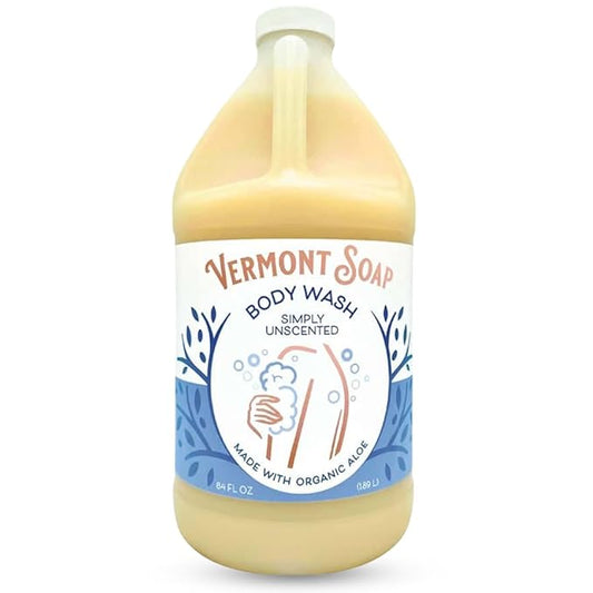 VERMONT SOAP Body Wash, Natural Body Wash with Shea Butter, Mild Gel Body Wash for Moisturizing and Soothing Skin, Fragrance Free Body Wash for Women & Men (Simply Unscented, 64oz)