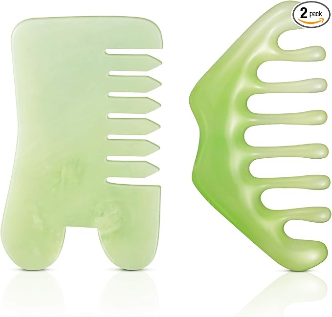 Geiserailie 2 Pieces Jade Combs Massage Stone Hair Gua Sha Scraping Scalp Comb Facial Massage Tool Multifunctional Handheld Head Tools Head Caring Therapy Mother's Day Gift(Mixed Style)