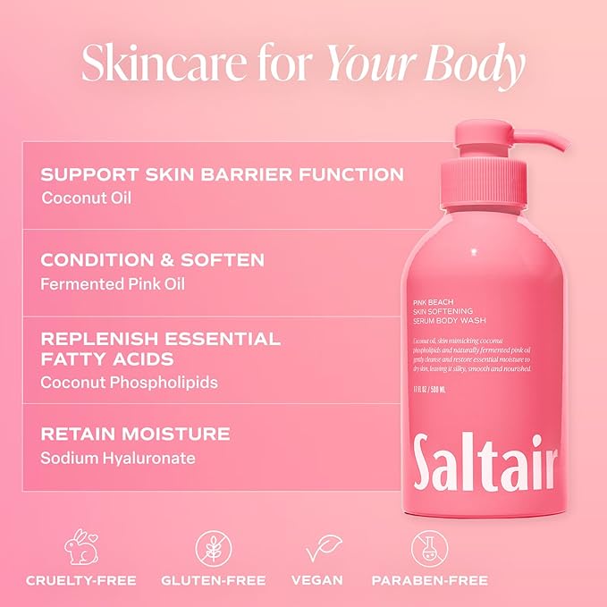 Saltair Body Wash, Pink Beach 2-Pack. Moisturizing Body Cleanser with Monoi Oil and Cupuacu Butter. Luxury Shower Gel for Women and Men. Vegan, Cruelty-Free, Paraben-Free. 2x 17oz Pump Bottles