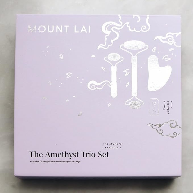 Mount Lai Amethyst Trio Calming Facial Set, Facial Roller and Amethyst Gua Sha Facial Tools Set, Guasha Tool for Face to Relieve Muscle Tension and Reduce Puffiness, Anti Aging Skin Care Sets
