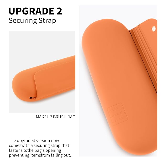 Silicone Makeup Brush Holder Travel Cosmetic Bag：Soft Portable Cosmetic Face Brushes Holder with Upgrade Anti-Fall Out Magnetic Closure, Large Travel Makeup Brush Case - Orange