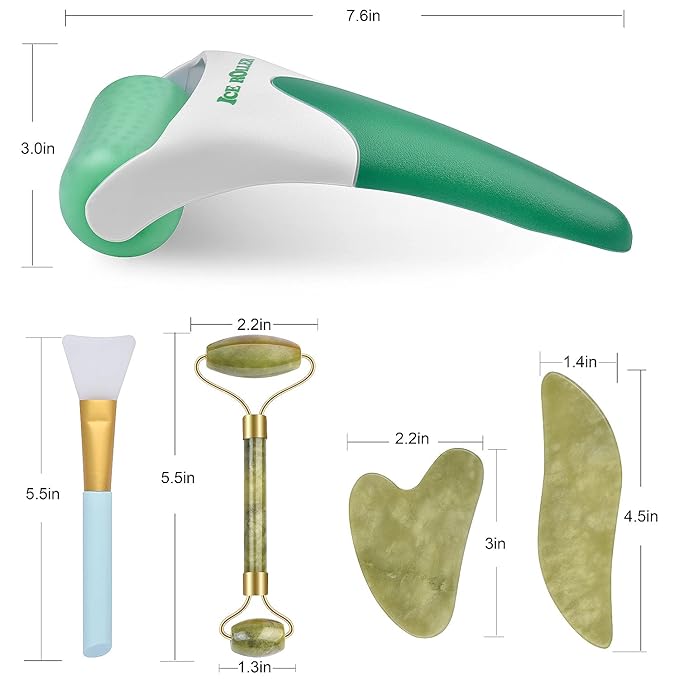 6 in 1 Ice Roller & Jade Roller and Gua Sha Set, Facial Massage Kits, Facial Roller Kit with Gua Sha Tool and Silicone Brush, Anti-Aging Jade Stone Massager for Face, Eyes, Neck Massage