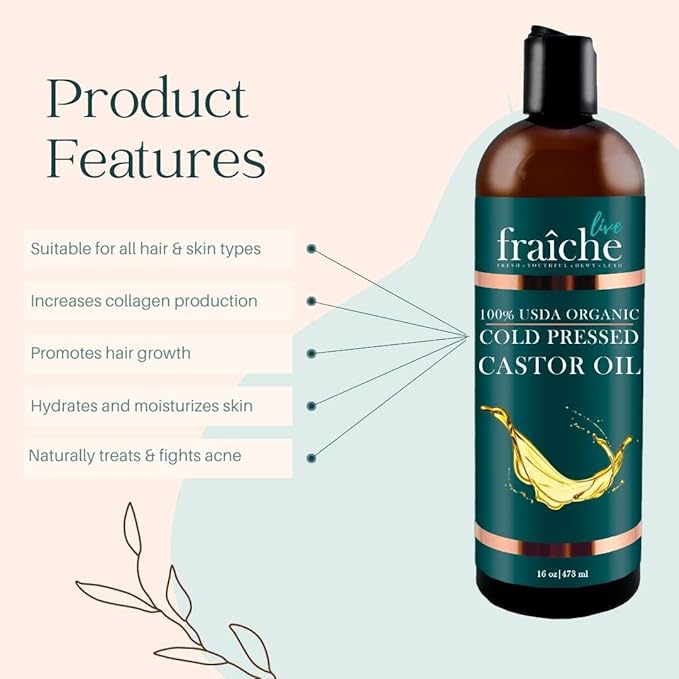 Live Fraiche Organic Castor Oil (16oz) + Filled Mascara Tube - 100% Pure Hexane Free Cold Pressed Castor Oil for Skin and Face - Hair Growth Oil for Eyelashes and Eyebrows Scalp & Hair Treatment Oil