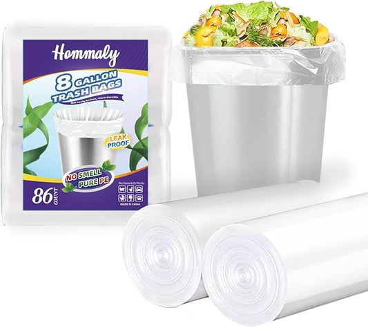 Hommaly 8 Gallon 86 pcs Medium Clear Trash Bags Strong Clear Garbage Bags, Bathroom Trash Can Bin Liners, Plastic Bags for Office, Fit 7gallon,8 gallon Waste Basket Liner7,8Gal(8G86-Clear)