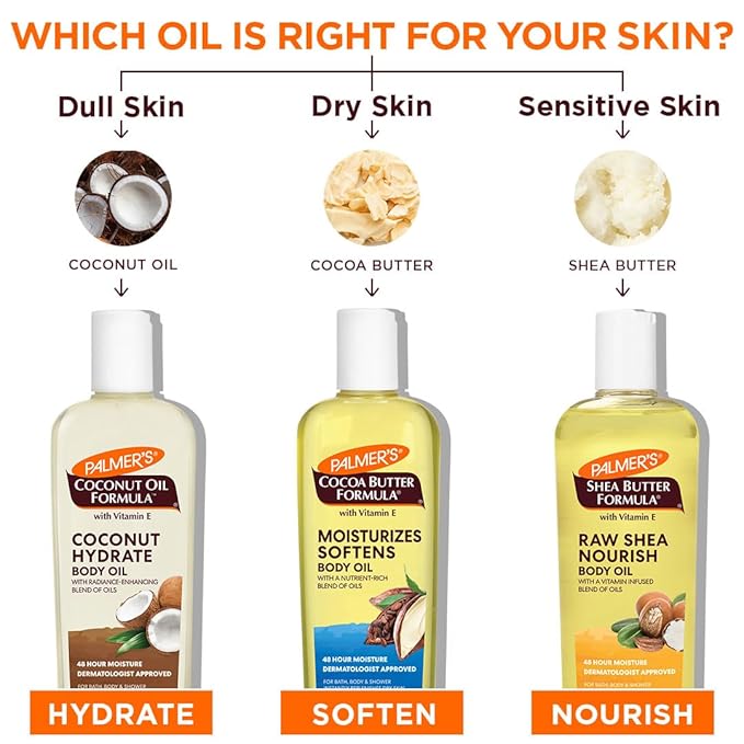 Palmer's Body Oil Variety Pack, Cocoa Butter, Coconut, and Shea, Dermatologist Approved, Instant Absorption, Bath, Body & Shower, 3 Pack (8.5 oz x 3)