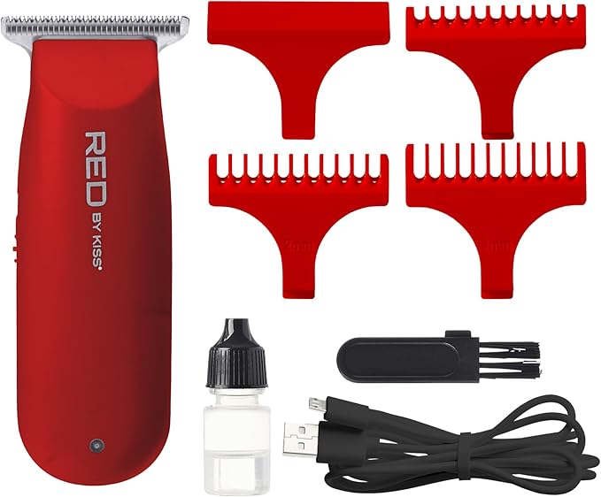 Red by Kiss Hair Clipper, Mini Cordless Hair Trimmer, Long Lasting Hair Cutting Kit, USB-C Rechargeable Haircut Beard Trimming Clippers for Men Women Kids, Portable Grooming Kit (Red)