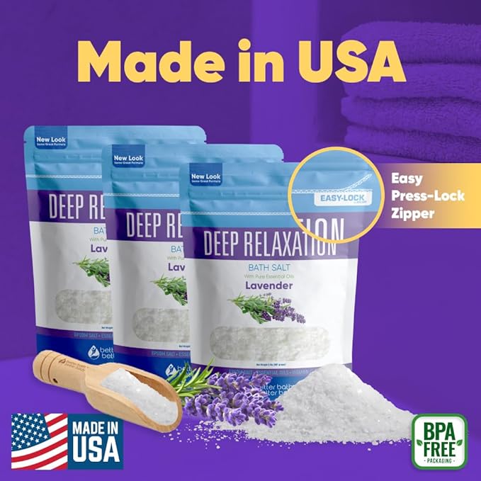 Deep Relaxation Bath Salt (3 Pack Plus Scoop) Relaxing Bath Soak with Pure Lavender Essential Oil in BPA Free Pouch with Press Lock Seal Made in USA 3 Pack of 2 Lbs 6 Lbs Total