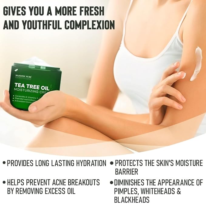 Majestic Pure Tea Tree Oil Moisturizing Cream - Body, Foot & Face Moisturizer - With Ceramides, Vitamins A E & Vegan Collagen - For Dry Skin, Oily Skin, & Appearance Of Wrinkles - 16 oz