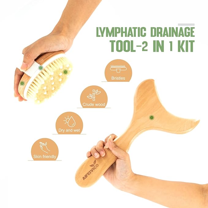 Lymphatic Drainage Paddle & Dry Brushing Body Brush, Wood Body Gua Sha Tool with Dry Skin Brush, Lymphatic Massage Paddle for Anti Cellulite - Body Shaping Contouring Sculpting