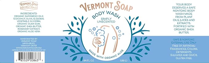 VERMONT SOAP Body Wash, Natural Body Wash with Shea Butter, Mild Gel Body Wash for Moisturizing and Soothing Skin, Fragrance Free Body Wash for Women & Men (Simply Unscented, 64oz)