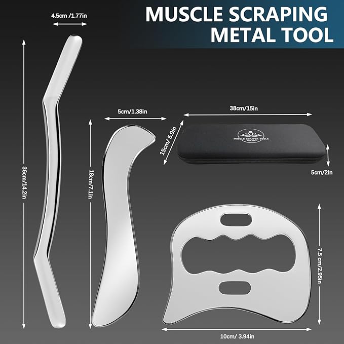 3-in-1 Stainless Steel Gua Sha Muscle Scraper Tool Set，Metal Scraping Tools，Myofascial Scraping Tool for Physical Therapy，Facial/Body Tools＆Derma Edge Massage Tool