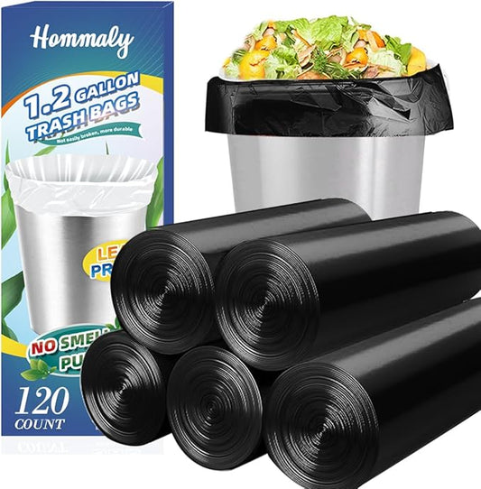 1.2 Gallon (1-1.2 Gal)120 pcs Small Black Trash Bags, Strong 1 Gallon 1.2 Gallon 1.3 Gallon Garbage Bags, Bathroom Trash Can Bin Liners,Mini Bags Waste Basket Liner,Fit 5 Liter, 1-1.2 Gal (1.2B120)