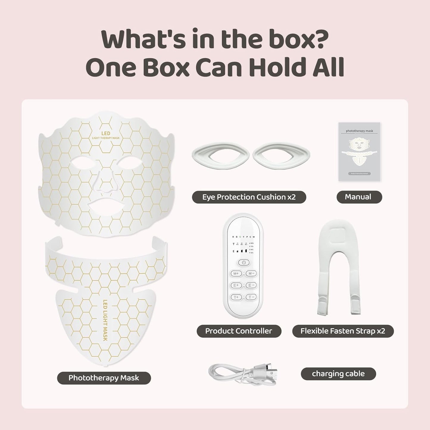 Yahi Red Light Photon Facial & Neck Mask with Remote Control, 7 Custom Modes with Infrared, Portable & Rechargeable with Timer for Home Use, 175 High-Density Light Beads, White