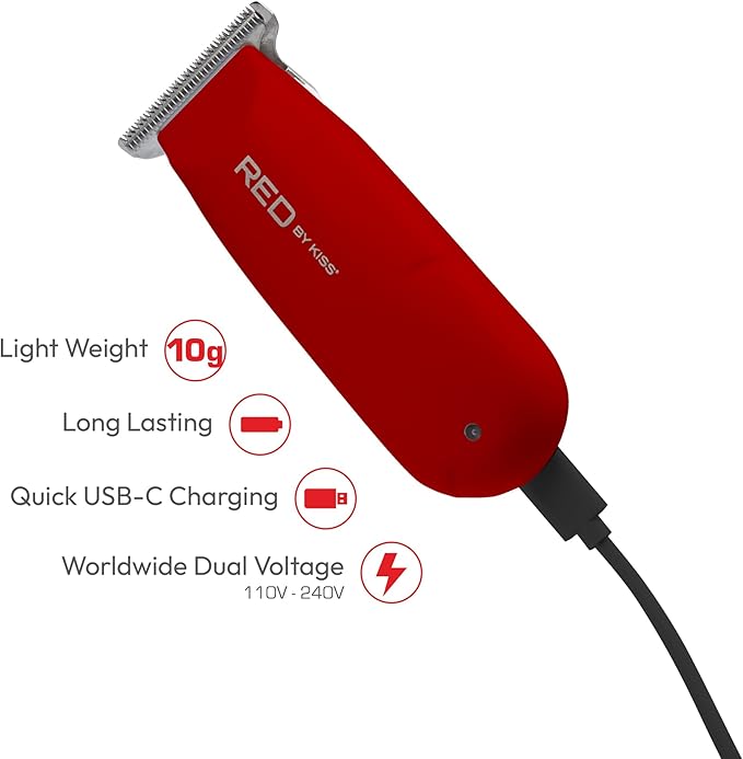 Red by Kiss Hair Clipper, Mini Cordless Hair Trimmer, Long Lasting Hair Cutting Kit, USB-C Rechargeable Haircut Beard Trimming Clippers for Men Women Kids, Portable Grooming Kit (Red)